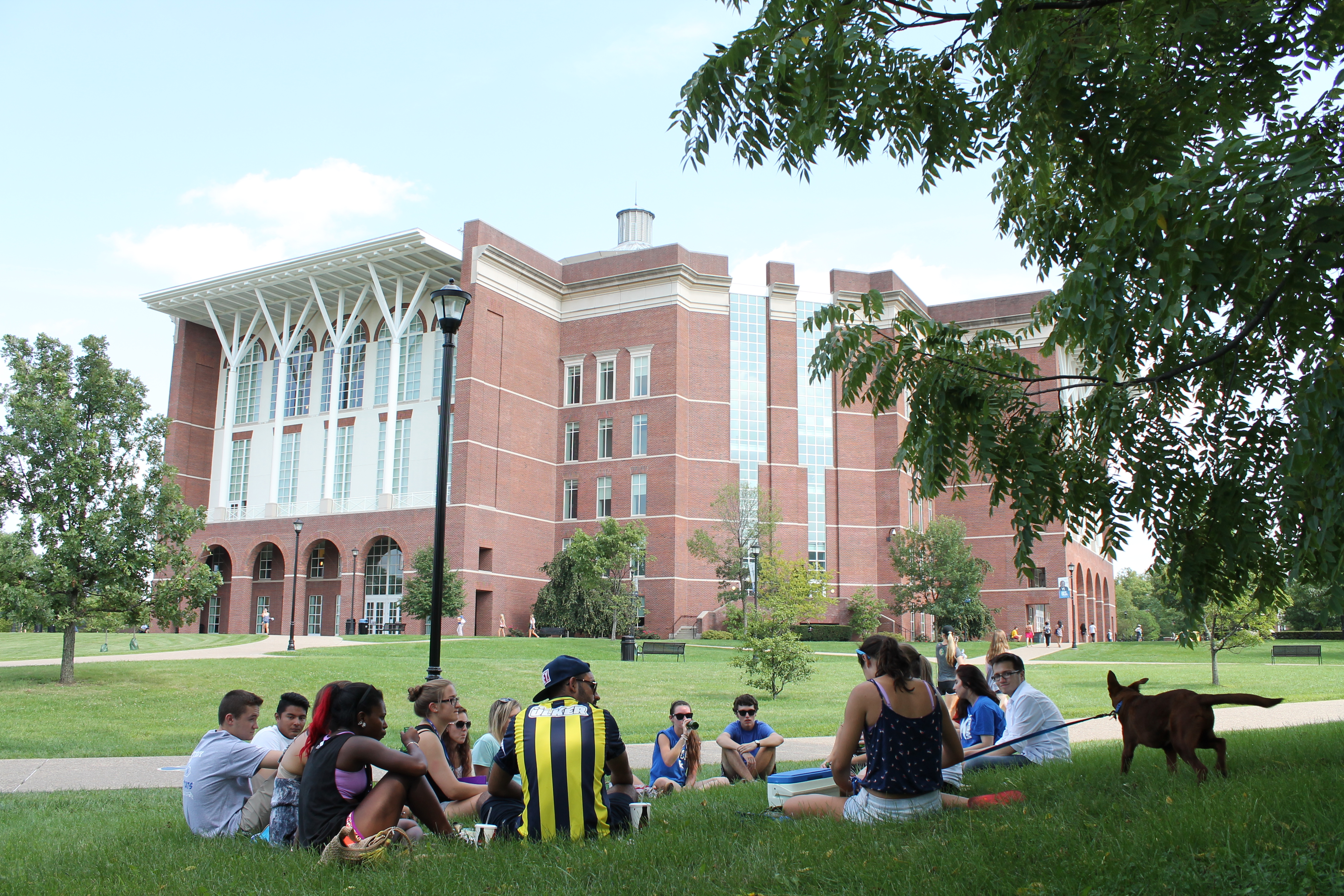 Group of students sitting in circle near Young Library