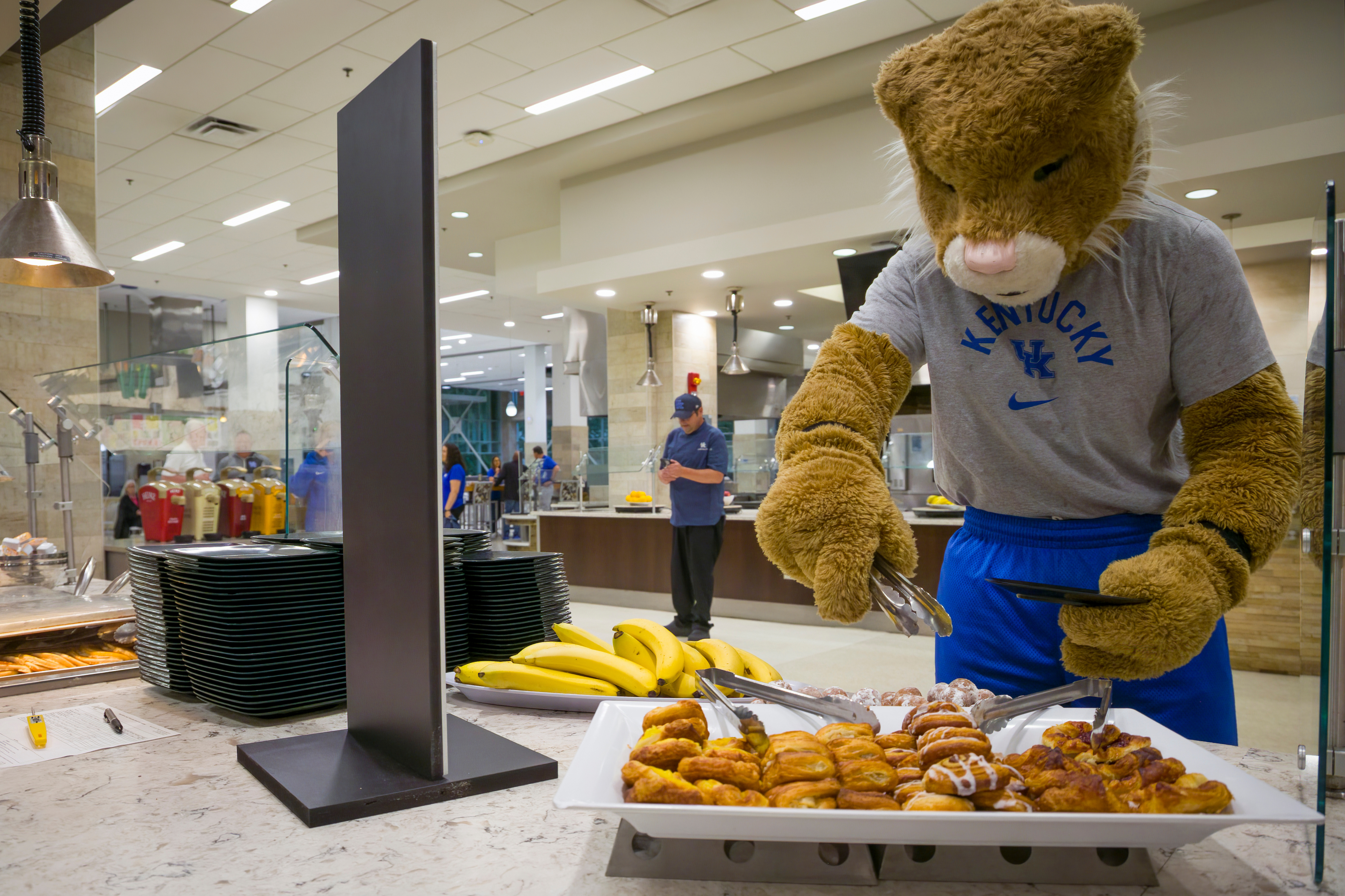 Image of the Wildcat Mascot enjoying pastries in the 90 Dining Ha;;