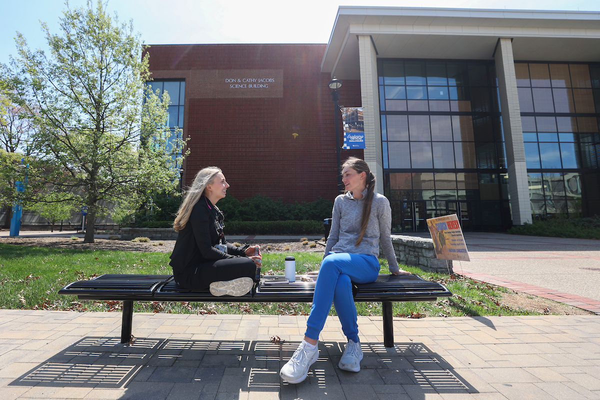 Medical Students Talking in Front of Don and Kathy Science Building