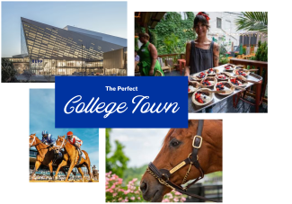 "The Perfect College Town" Collage of Lexington: Rupp Arena, local dining, horse racing at Keeneland, and a close-up of a Thoroughbred horse.