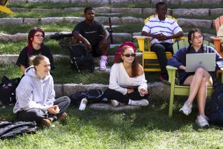 Students attending class outside