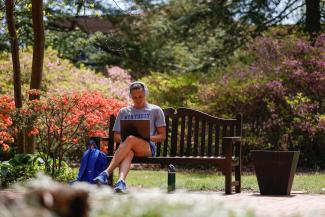 female student sitting on campus working on a laptop