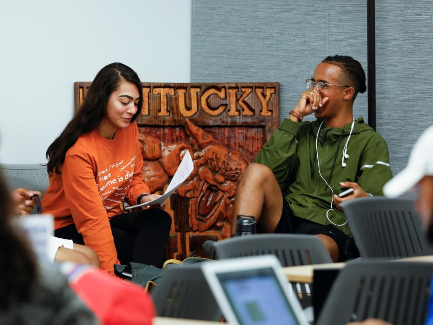 Students chatting in the student center